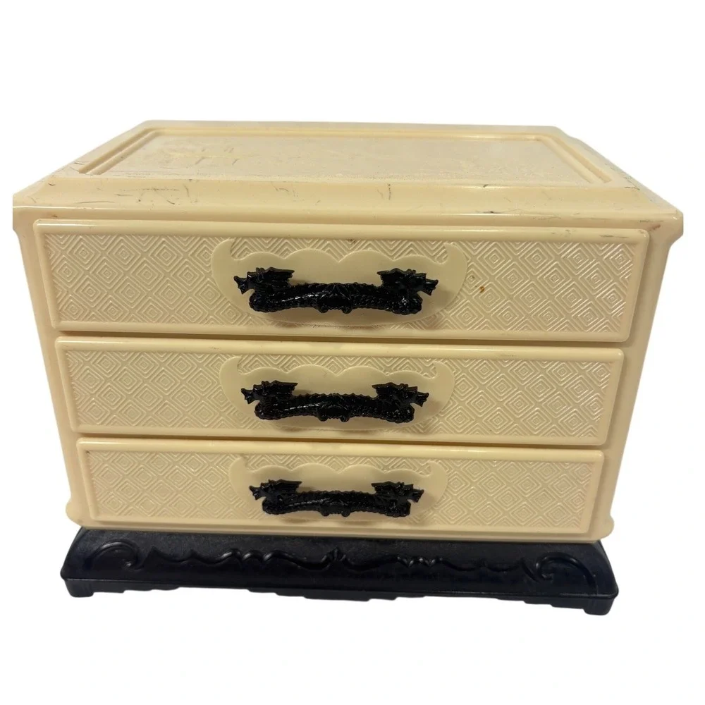 Vintage Chinoiserie Plastic Jewelry Box 3 Drawer Mini Chest Pagoda Cream‎ Black